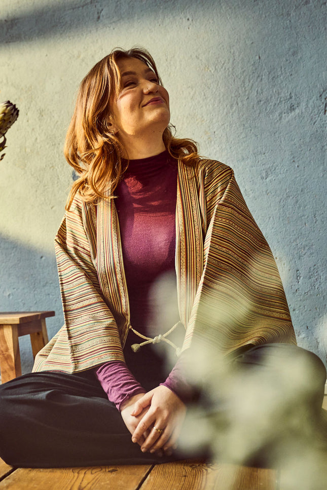 Vintage Shima Haori aus Seide mit geometrischem Streifenmuster