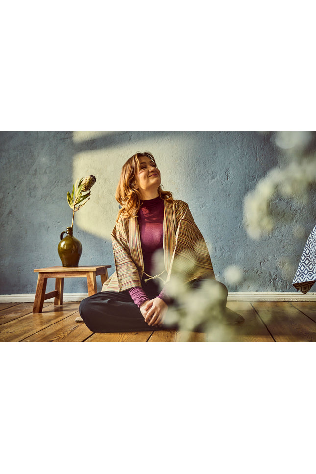 Vintage Shima Haori Silk Jacket with Geometric Stripe Pattern