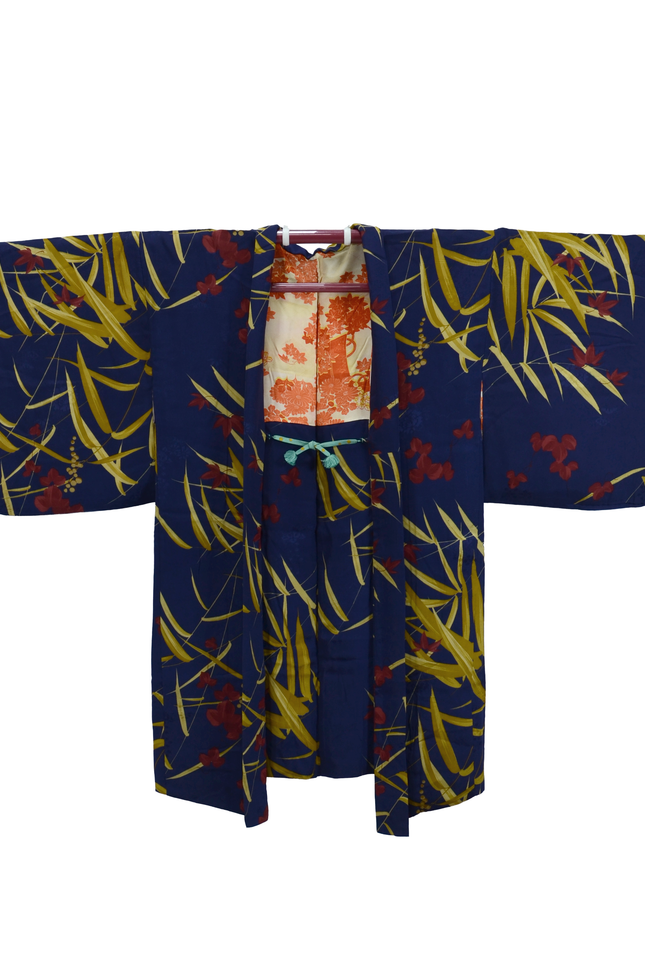 Antique Haori in blue-violet with leaf and maple pattern