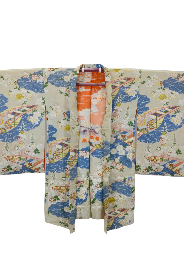 Antique Haori with Fan and Floral Pattern in Natural White