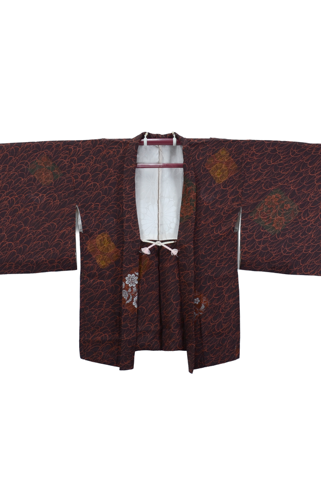 Vintage Haori mit abstraktem Blumenmuster in Rotbraun