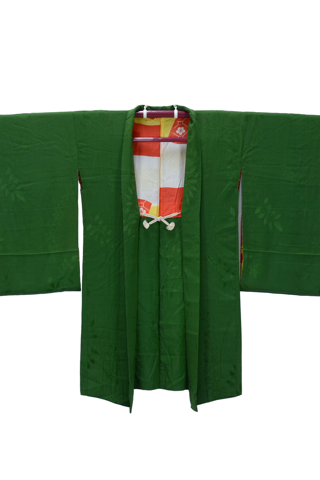 Antiker grüner Haori mit Vogel-Kamon und feinem Jacquardmuster