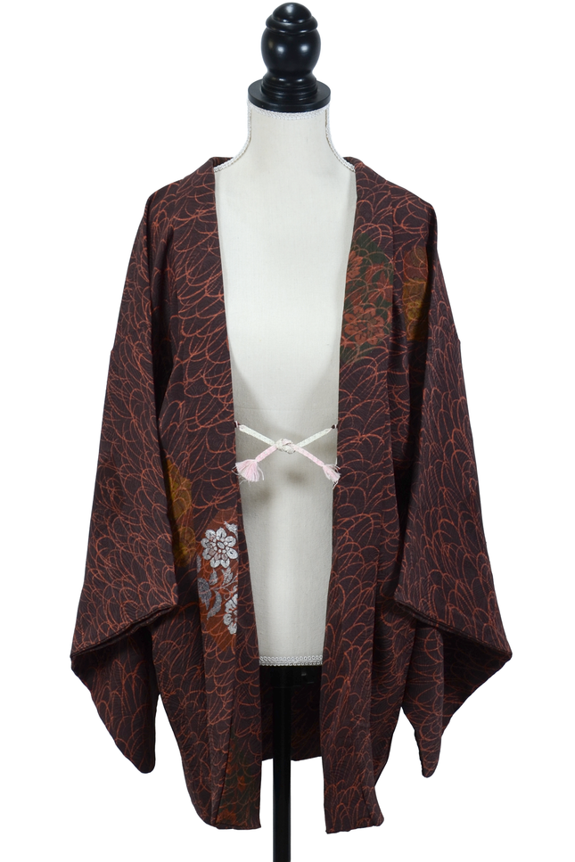 Vintage Haori mit abstraktem Blumenmuster in Rotbraun