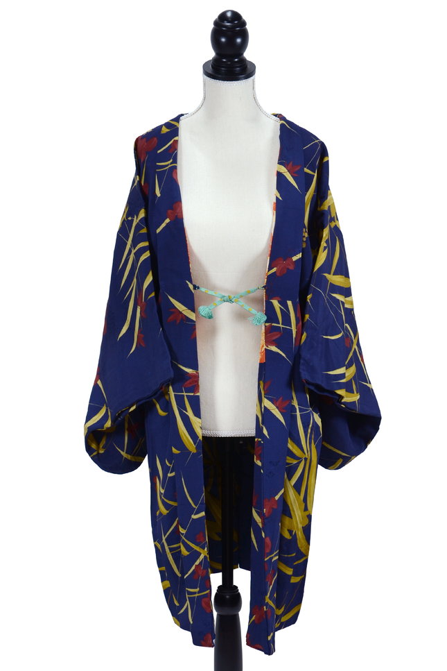 Antique Haori in blue-violet with leaf and maple pattern