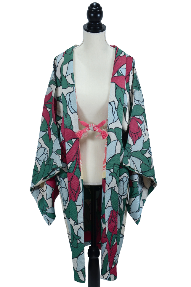 Antique Haori with Tulip Pattern in Light Blue