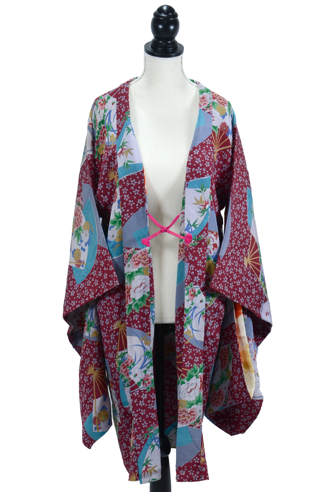 Antique Haori with Fan Pattern in Burgundy