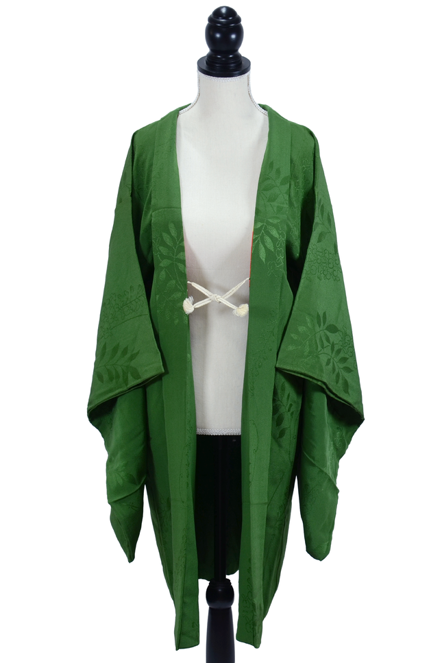 Antiker grüner Haori mit Vogel-Kamon und feinem Jacquardmuster