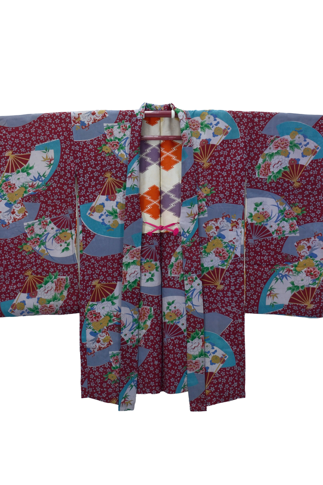 Antique Haori with Fan Pattern in Burgundy