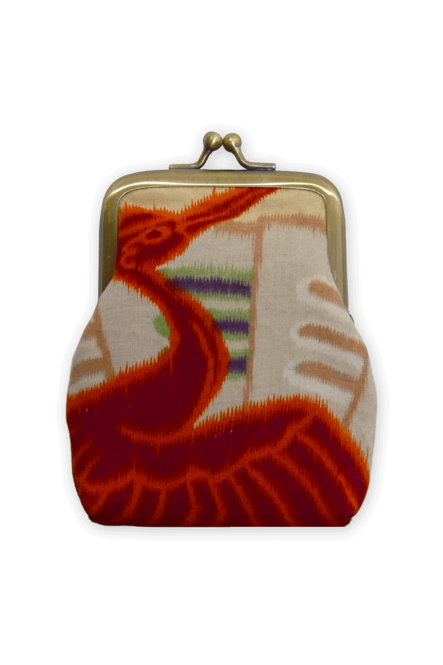 Gamaguchi wallet made of antique Japanese fabric – Crane