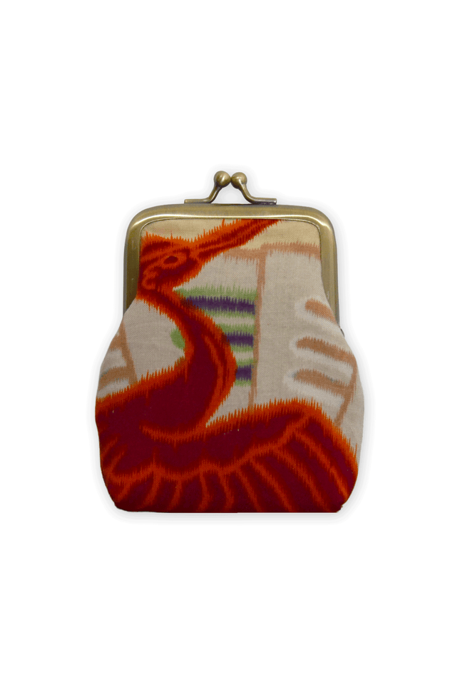 Gamaguchi wallet made of antique Japanese fabric – Crane