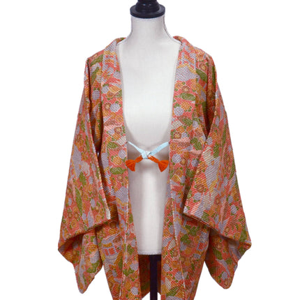 Haori with Shibori pattern - Pink orange with traditional Japanese houses and flowers