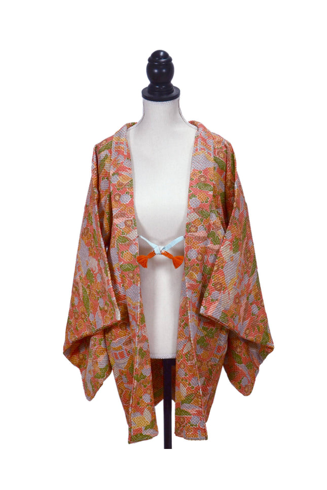 Vintage Haori with Shibori pattern - Pink orange with traditional Japanese houses and flowers