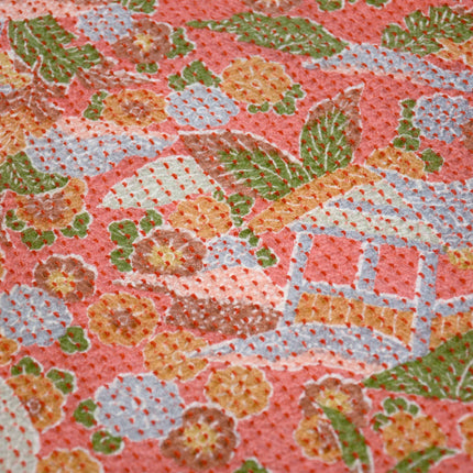 Haori with Shibori pattern - Pink orange with traditional Japanese houses and flowers