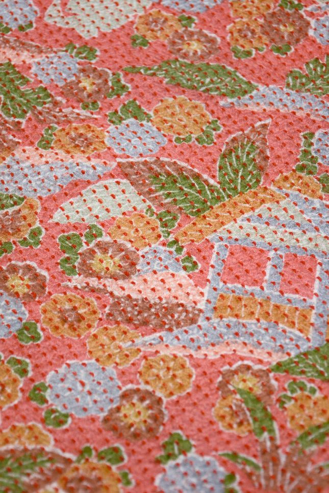 Haori with Shibori pattern - Pink orange with traditional Japanese houses and flowers