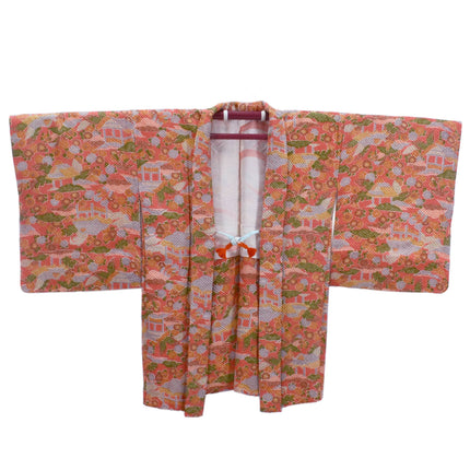 Haori with Shibori pattern - Pink orange with traditional Japanese houses and flowers