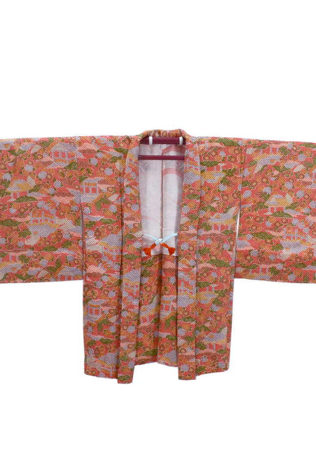 Vintage Haori with Shibori pattern - Pink orange with traditional Japanese houses and flowers