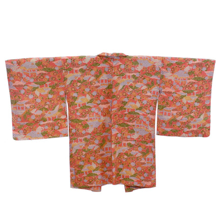 Haori with Shibori pattern - Pink orange with traditional Japanese houses and flowers
