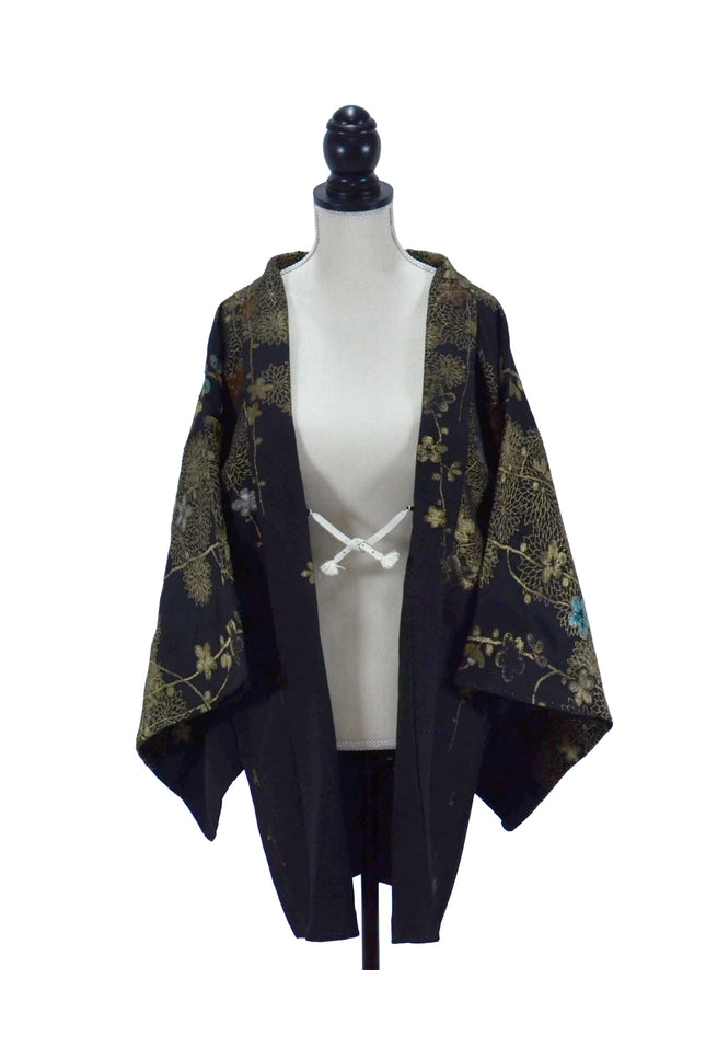 Antique Haori - Black with gold floral pattern ( ca.1920-1930 )