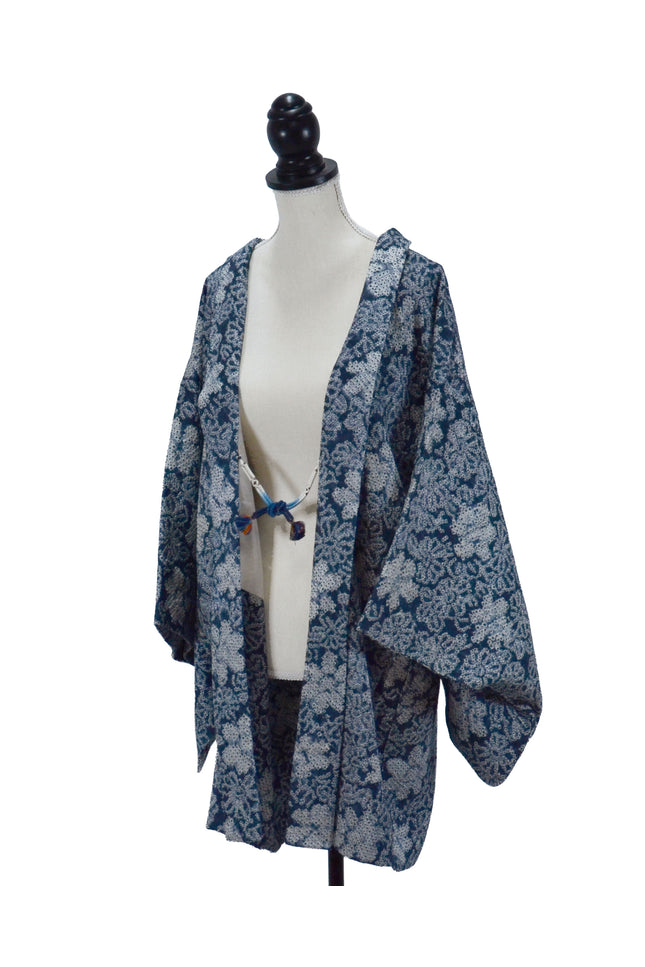 Vintage Haori with Shibori pattern - Deep blue with flowers