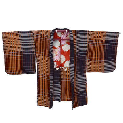 Antiker Haori mit schwarzem und orangefarbenem Karomuster