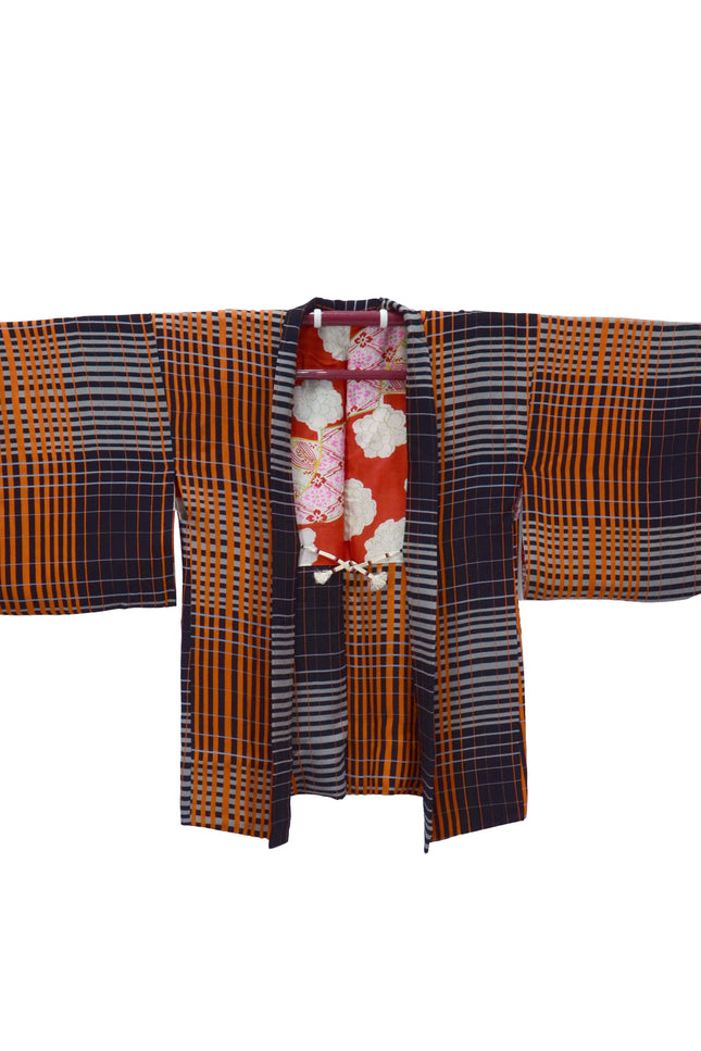 Antiker Haori mit schwarzem und orangefarbenem Karomuster