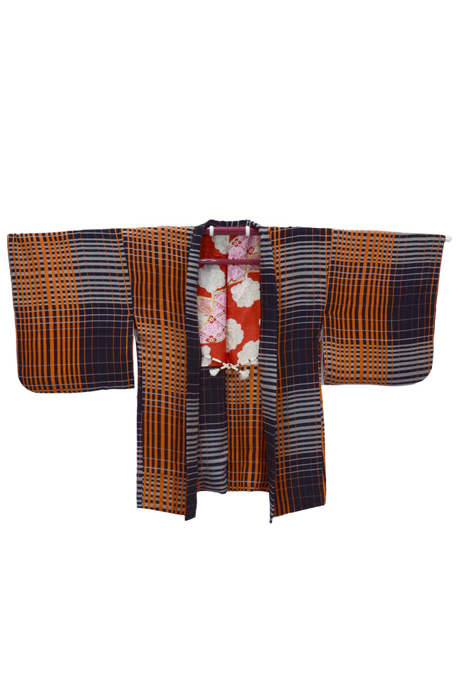 Antique Haori with black and orange checkered pattern ( ca. 1920- 1940 )