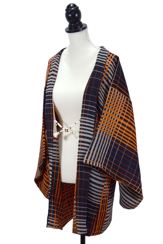 Antique Haori with black and orange checkered pattern ( ca. 1920- 1940 )