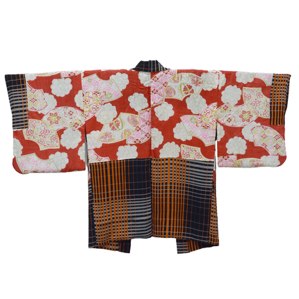 Antiker Haori mit schwarzem und orangefarbenem Karomuster