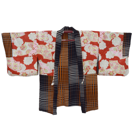 Antiker Haori mit schwarzem und orangefarbenem Karomuster