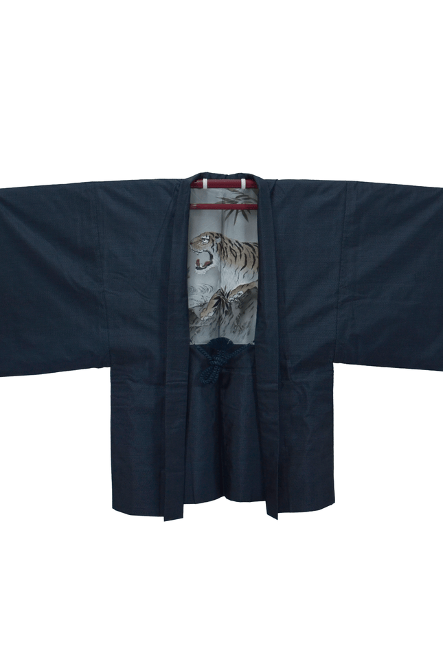 Vintage Haori with Ōshima-Tsumugi and tiger motif in the lining