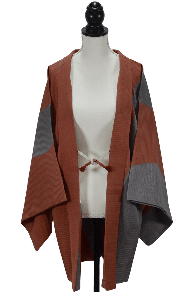 Vintage Haori with a curved, abstract pattern in reddish-brown and grey