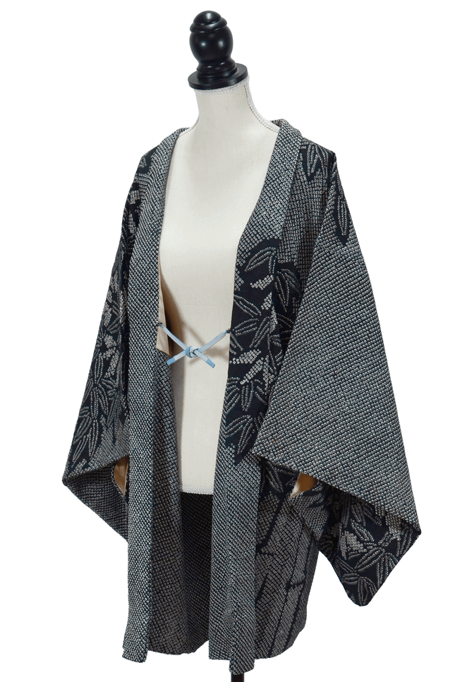 Vintage Haori with black Shibori background and bamboo motif