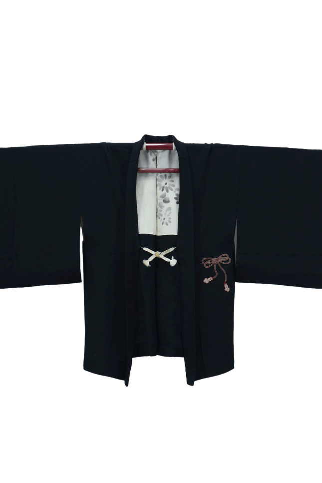 Vintage Haori with black background, floral hand embroidery and book motif