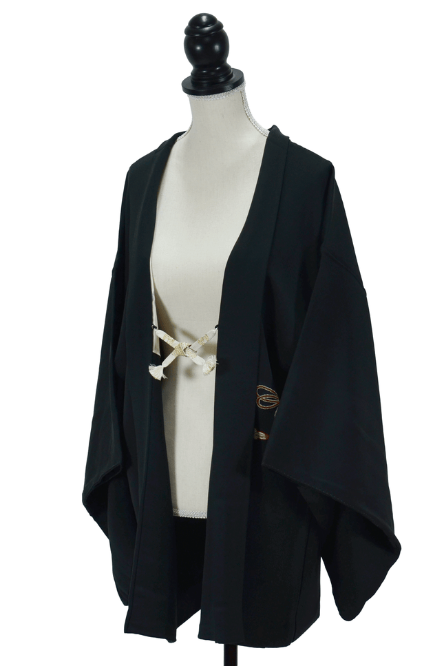 Vintage Haori with black background, floral hand embroidery and book motif