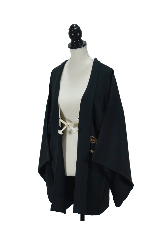 Vintage Haori with black background, floral hand embroidery and book motif