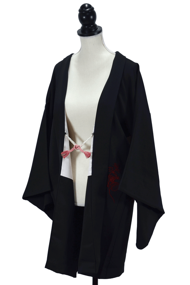 Vintage Haori with vermillion floral line pattern on black silk fabric