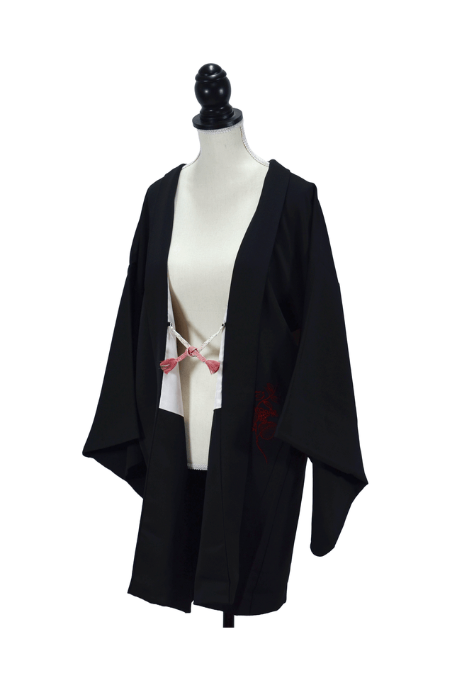 Vintage Haori with vermillion floral line pattern on black silk fabric