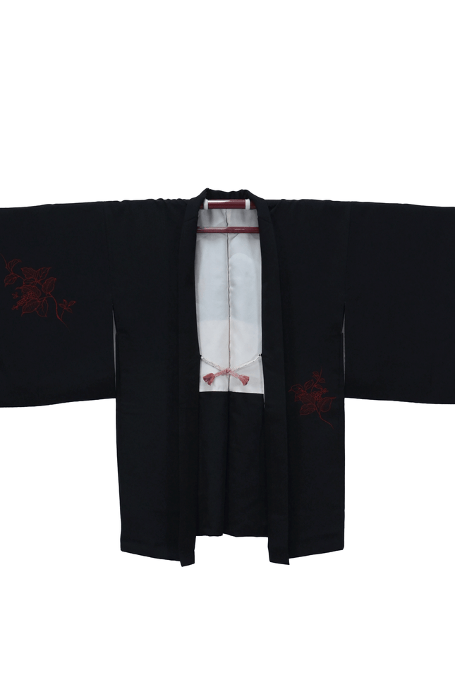 Vintage Haori with vermillion floral line pattern on black silk fabric