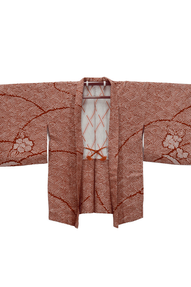 Vintage Haori with vermilion Shibori work and Seigaiha pattern