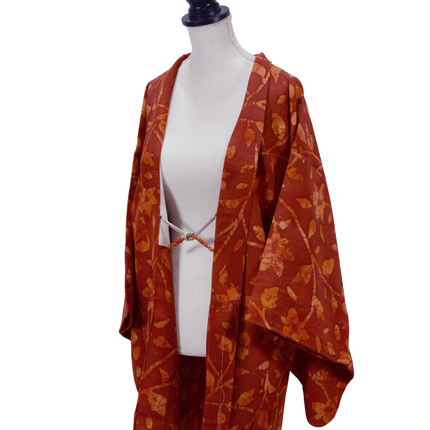 Vintage Haori mit abstraktem Blumen- und Blattmuster in Orangetönen