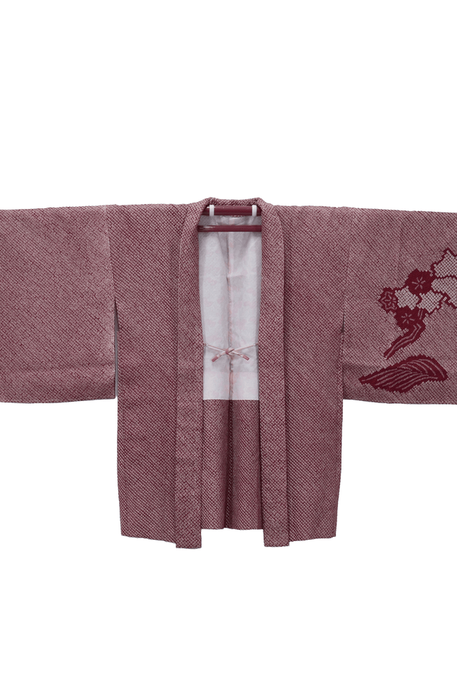 Vintage Haori with Shibori Pattern and Maple Motif in Reddish Brown