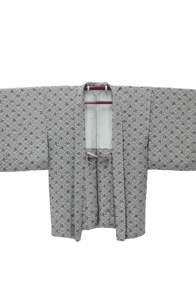 Vintage Haori with geometric pattern and bird motifs in grey