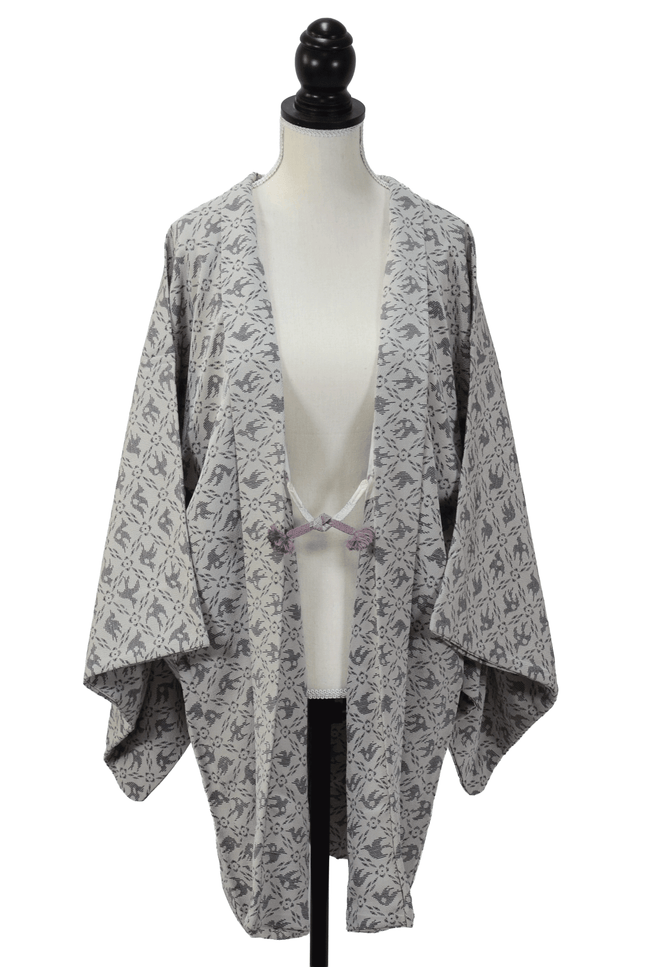 Vintage Haori with geometric pattern and bird motifs in grey