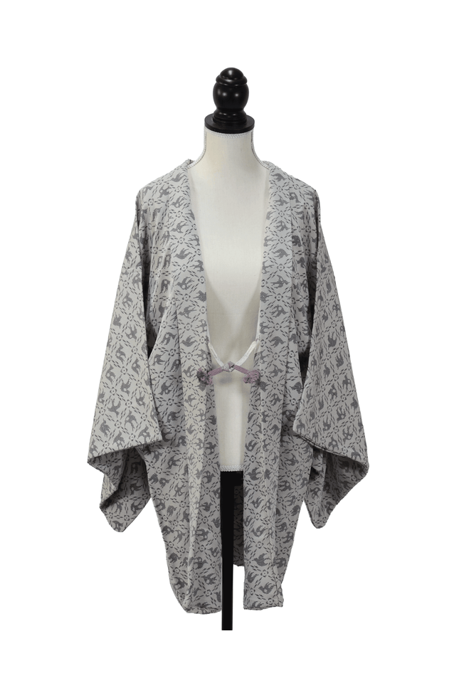 Vintage Haori with geometric pattern and bird motifs in grey