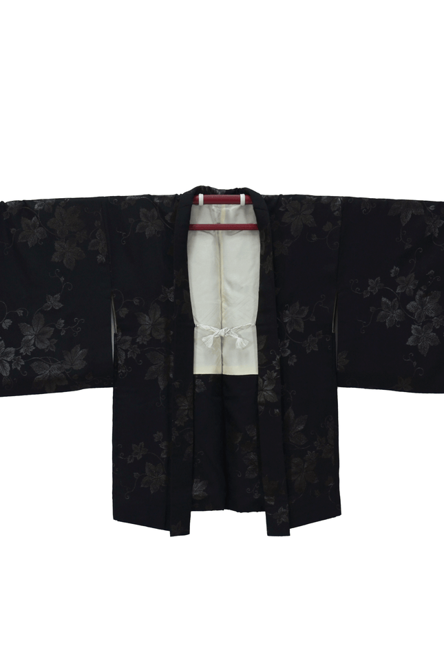 Vintage Haori with woven floral arabesque pattern in black