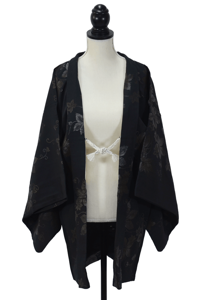 Vintage Haori with woven floral arabesque pattern in black