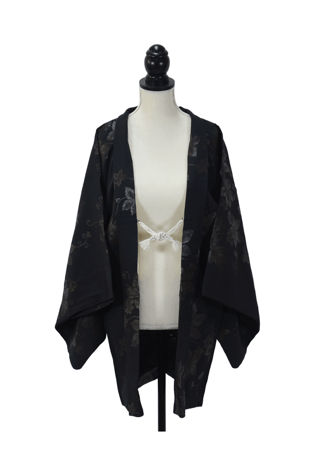 Vintage Haori with woven floral arabesque pattern in black