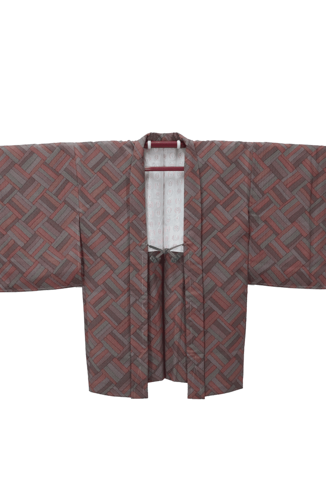 Vintage Haori with geometric pattern in red and grey