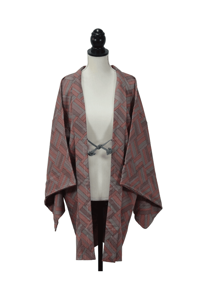 Vintage Haori with geometric pattern in red and grey