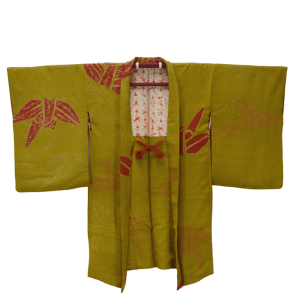 Antiker Haori mit Kranichmotiv in Gelbgrün und Shibori-Innenfutter ( ca 1920 - 1930 )